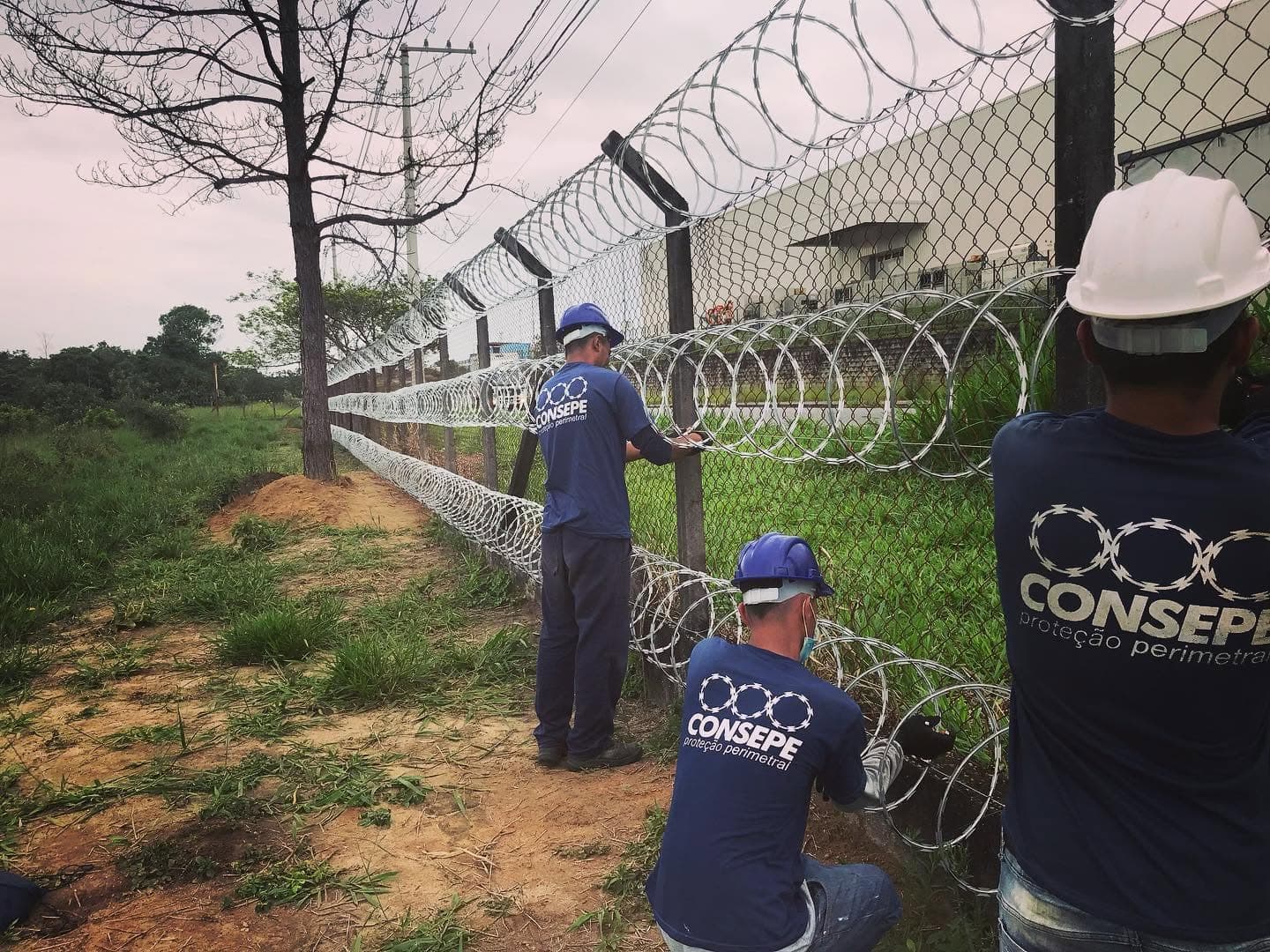 Equipe Consepe instalando concertina em alambrado industrial